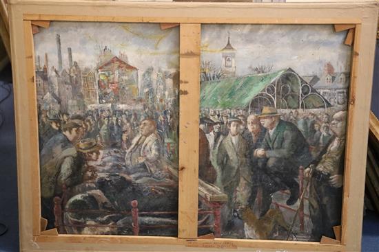 Modern British Cowley Motorworks, Oxford and The Farmers Market, Oxford verso 35 x 47in., unframed